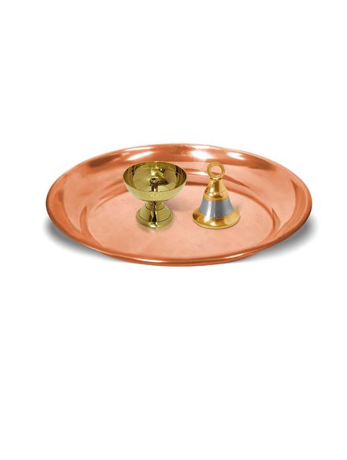 adhvik combo of small size paro pyali diya and hanging bell with 6 inch copper pooja thali set for home and office - 21305473 -  Standard Image - 0