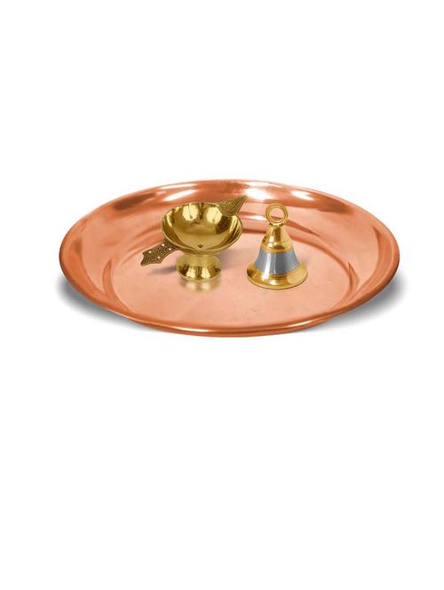 adhvik combo of small size laxmi diya and hanging bell with 6 inch copper pooja thali set for home and office - 21305474 - Standard Image - 0