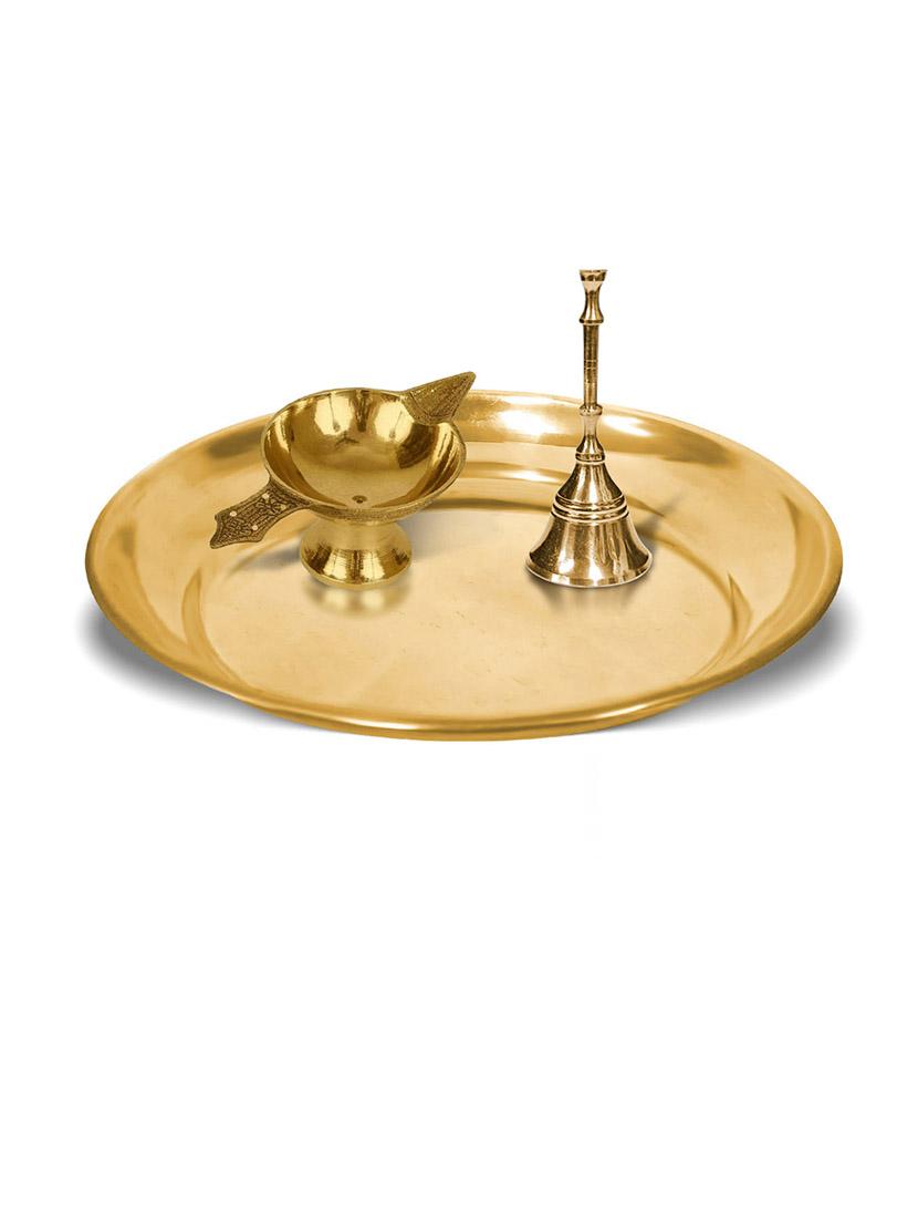 adhvik combo of small size laxmi diya and puja bell with 6 inch pooja thali set for home and office - 21305477 - Zoom Image - 0