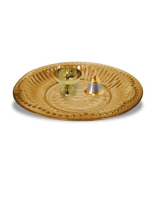 adhvik combo of small size paro pyali diya and hanging bell with 6 inch om brass pooja thali set for home and office - 21305489 - Standard Image - 0
