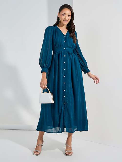 women solid puff sleeves button down a-line dress - 21307636 - Standard Image - 0