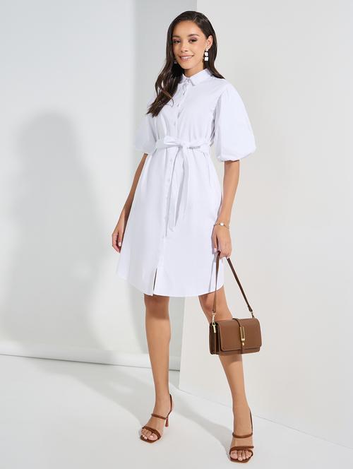 women solid collared puff sleeves a-line dress - 21307639 -  Standard Image - 0