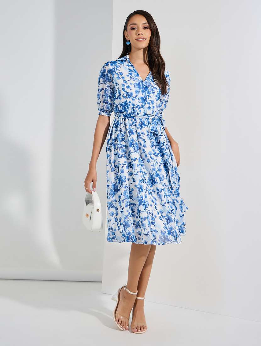 women floral print overlap neck a-line dress