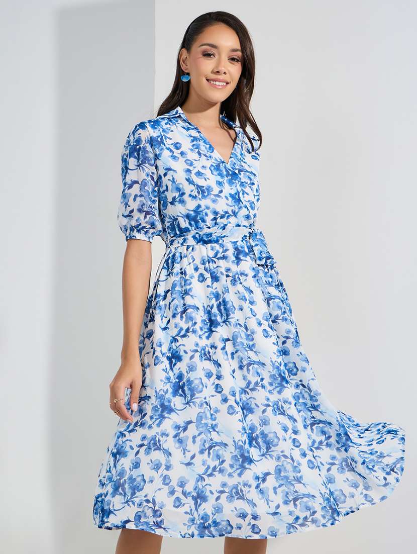 women floral print overlap neck a-line dress - 21307645 -  Standard Image - 2
