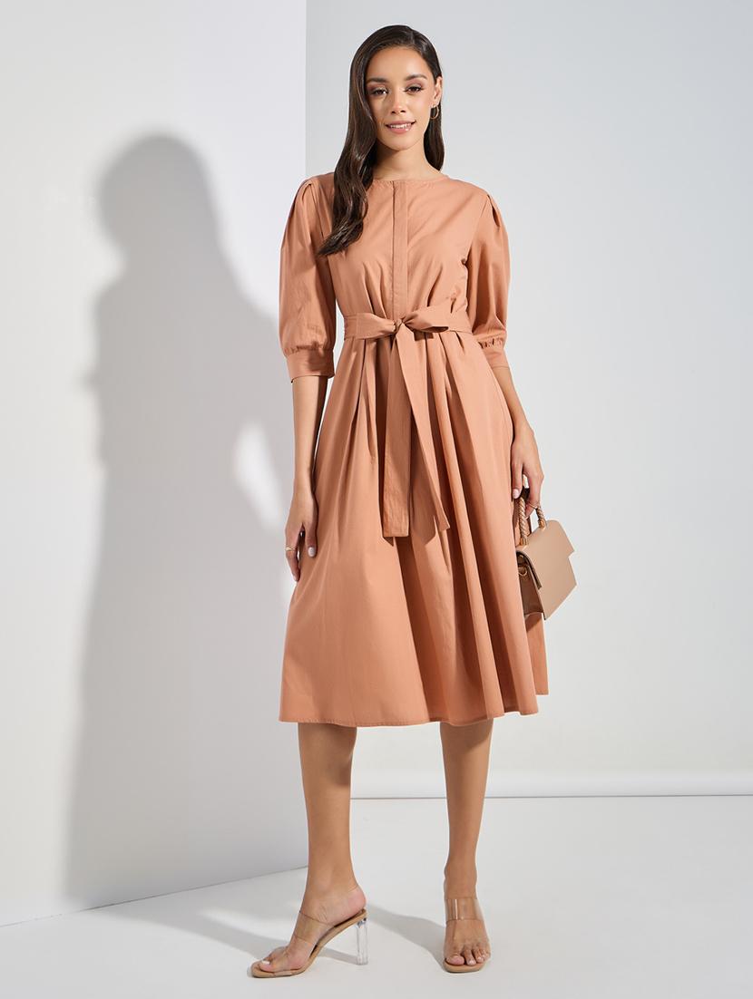 women solid puff sleeves a-line dress - 21307646 - Zoom Image - 0