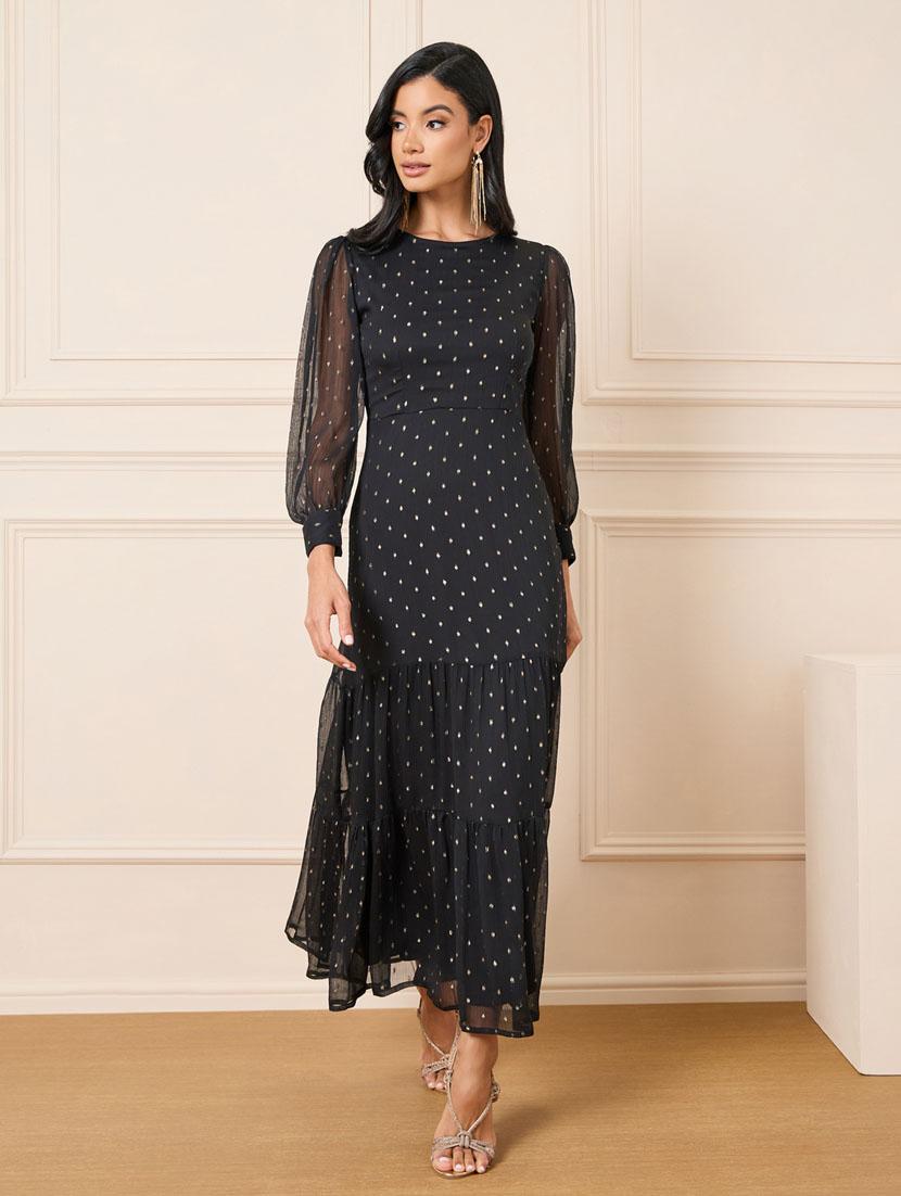 women black self designed puff sleeve tiered maxi dress - 21307648 - Zoom Image - 0