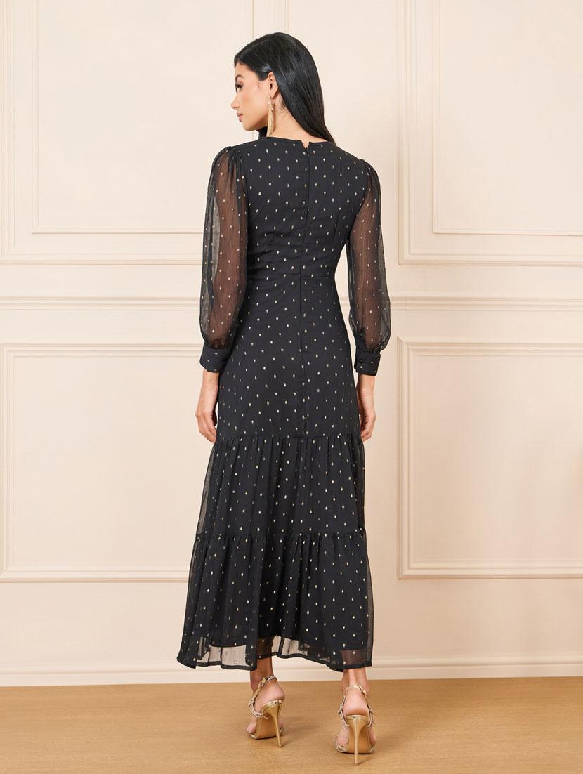 women black self designed puff sleeve tiered maxi dress - 21307648 - Standard Image - 2