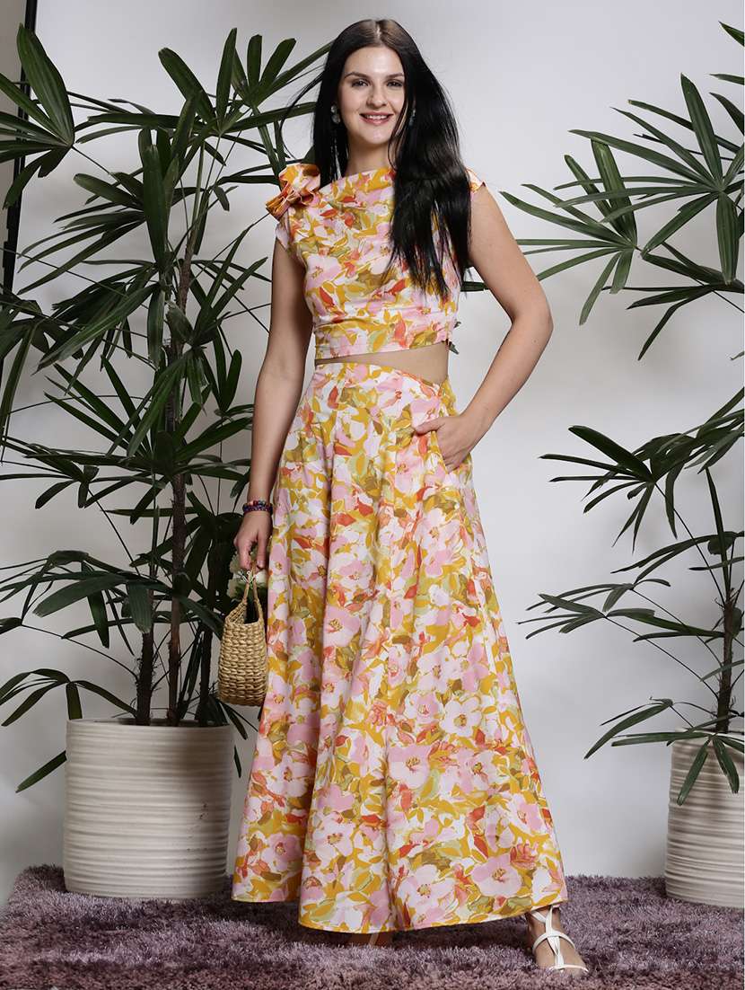 women yellow polyester top and skirt co-ord set
