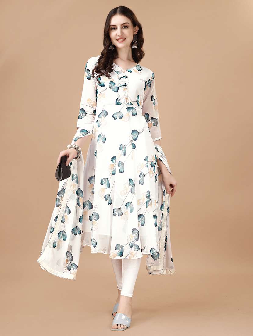 women white v neck kurta dupatta set