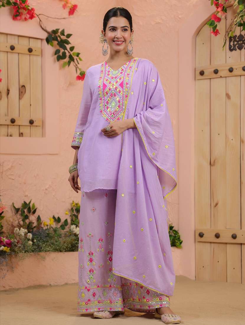 women lavender kurta palazzo set with dupatta