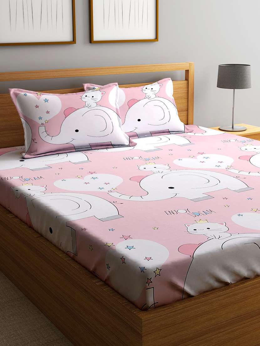 home sizzler 144tc kid's elephant & kitty double bedsheet with 2 king size pillow covers