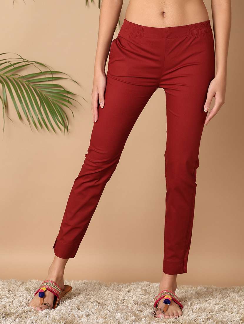 women maroon cotton tailored pants