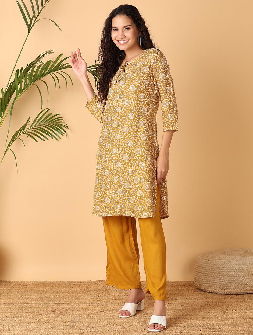 women floral tie-up neck kurta palazzo set - 21308437 - Standard Image - 2