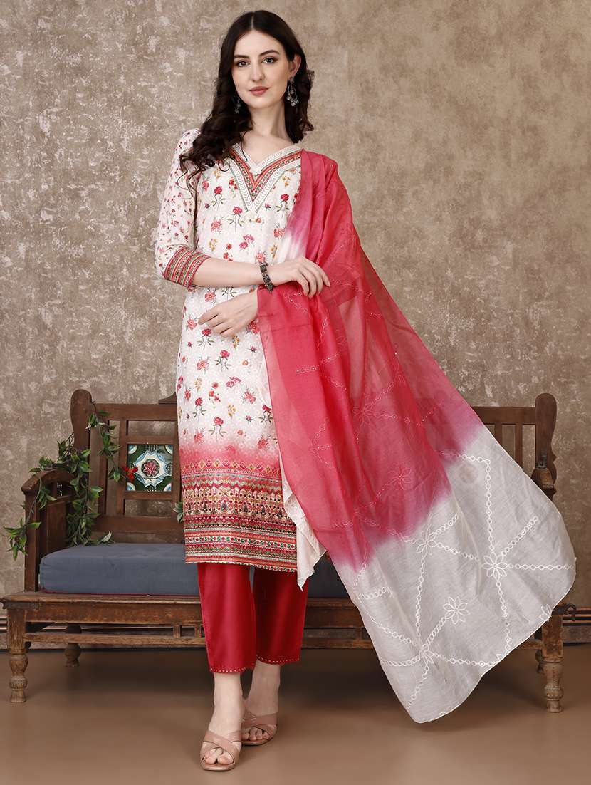 women three quarter sleeve kurta pant with dupatta set