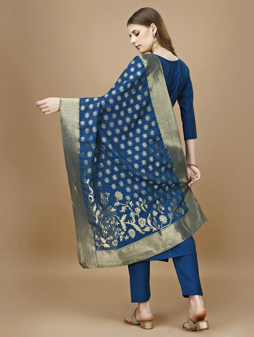 navy blue chanderi kurta dupatta set - 21308781 - Standard Image - 2
