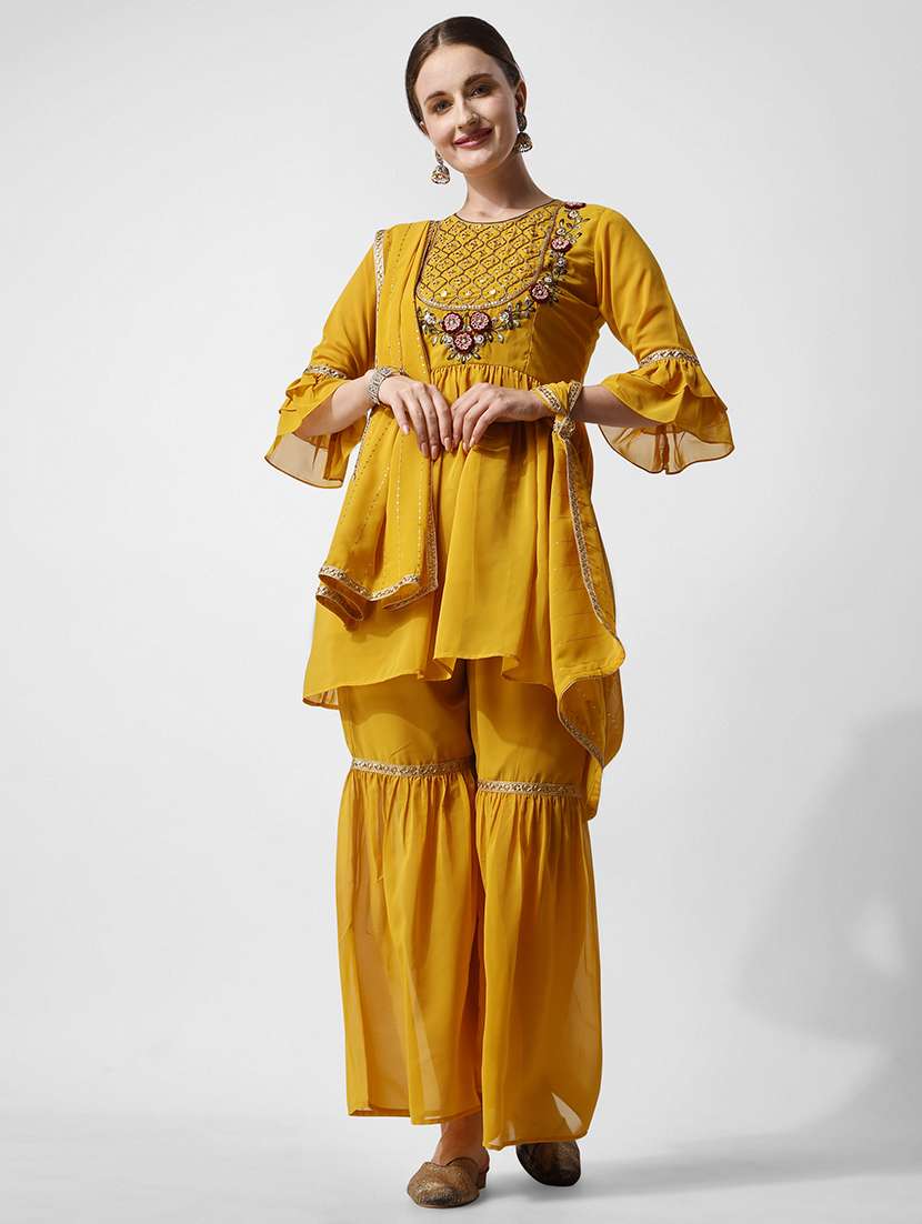 women yellow self design kurta sharara set