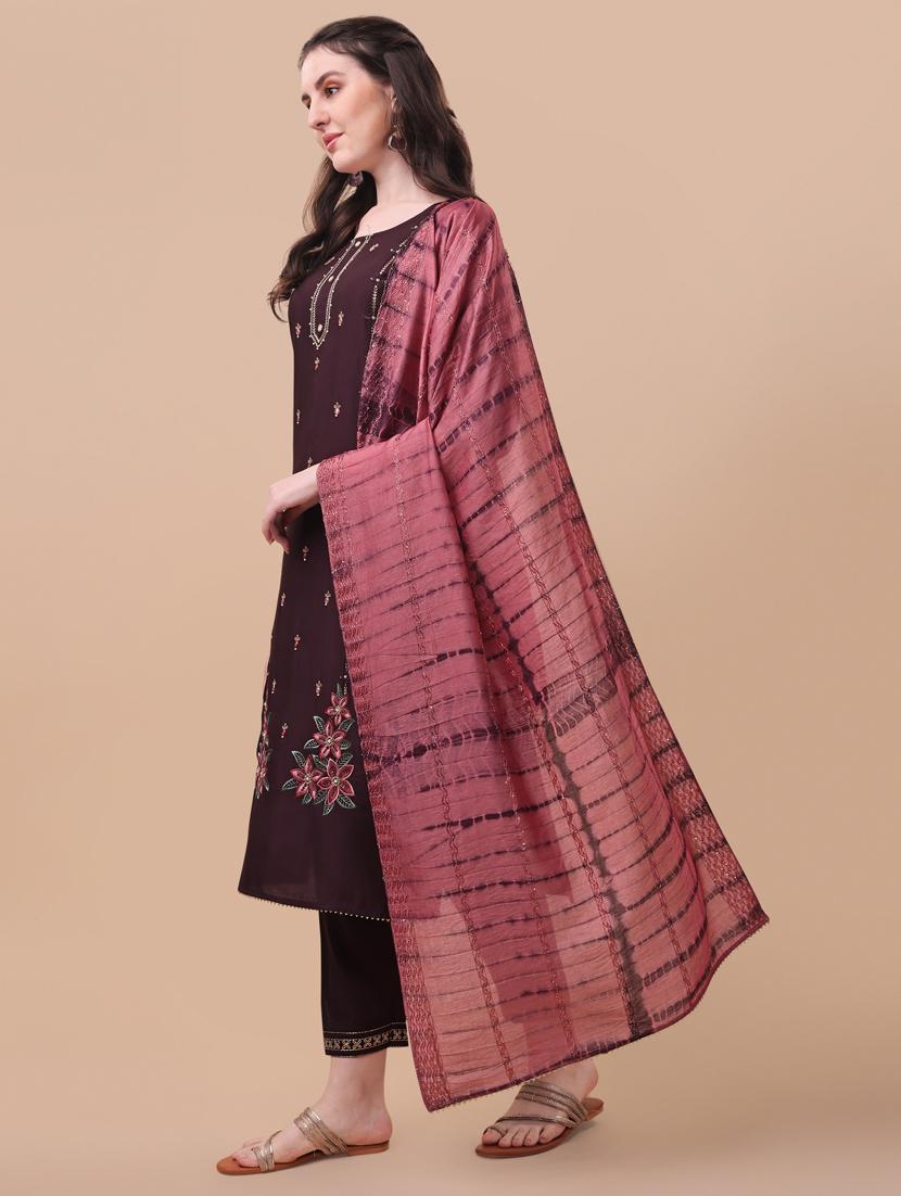 maroon chanderi kurta dupatta set - 21309058 - Standard Image - 2