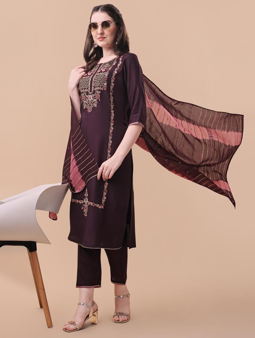 women burgundy kurta dupatta set - 21309062 - Standard Image - 2