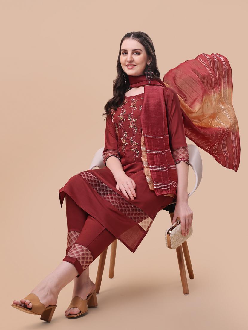 rust chanderi kurta dupatta set - 21309065 - Standard Image - 2
