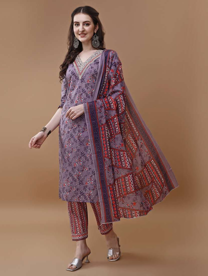 purple cotton kurta dupatta  set - 21309184 -  Standard Image - 2