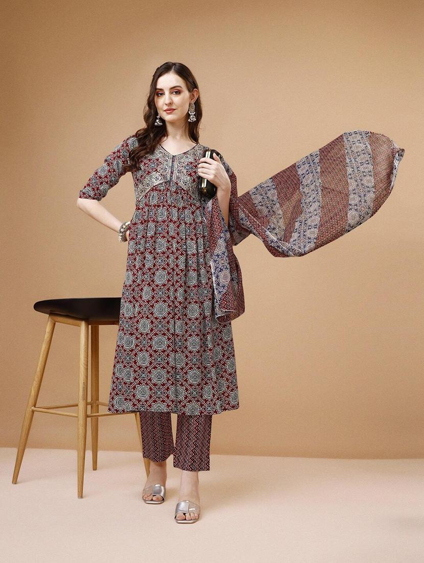 women maroon kurta dupatta set - 21309191 - Standard Image - 2
