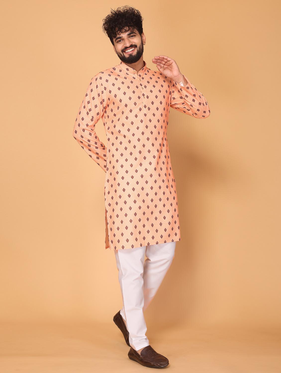men orange printed long kurta - 21311159 - Standard Image - 2