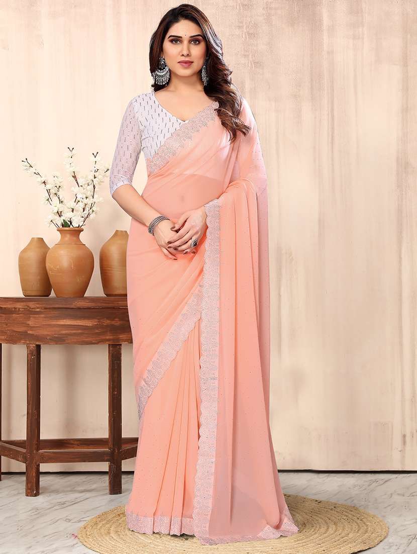 women solid with bordered saree with blouse