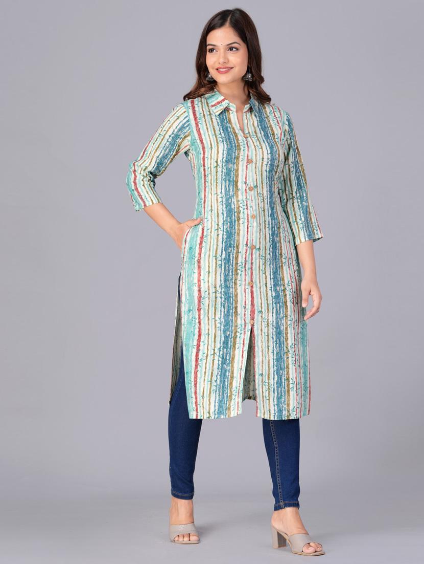 women three quarter sleeve straight kurta - 21313599 - Standard Image - 2