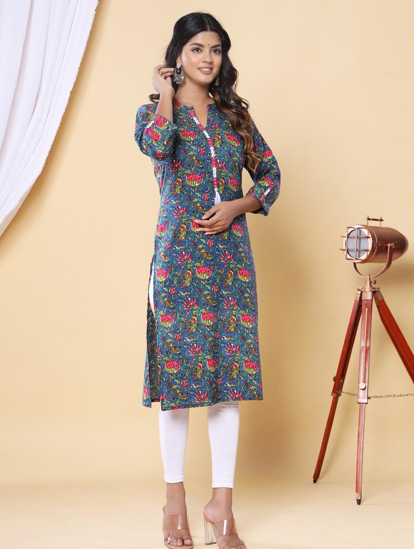 women three quarter sleeve straight kurta - 21313605 - Standard Image - 2