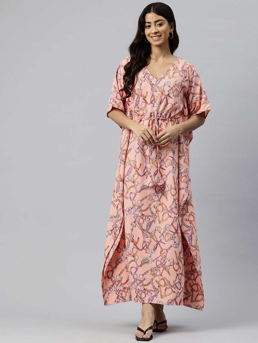 women peach poly crepe kaftan dress