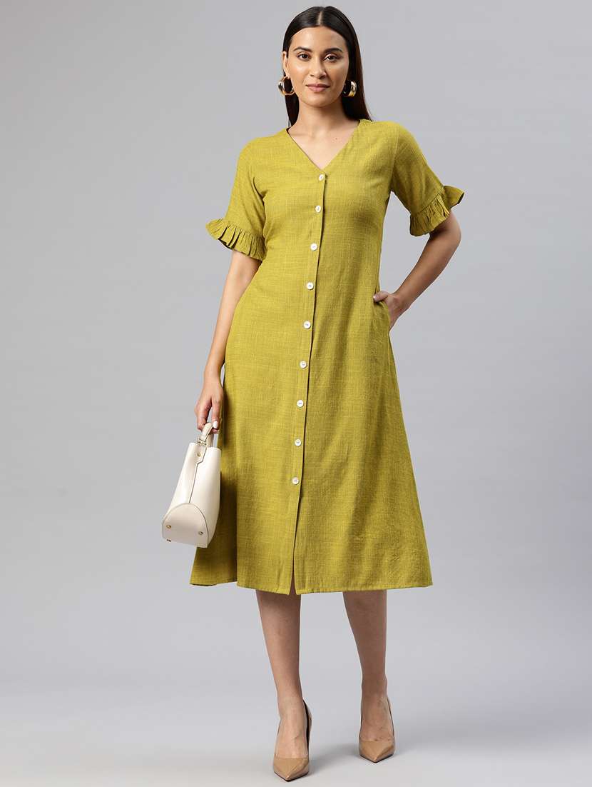 women solid button down a-line dress