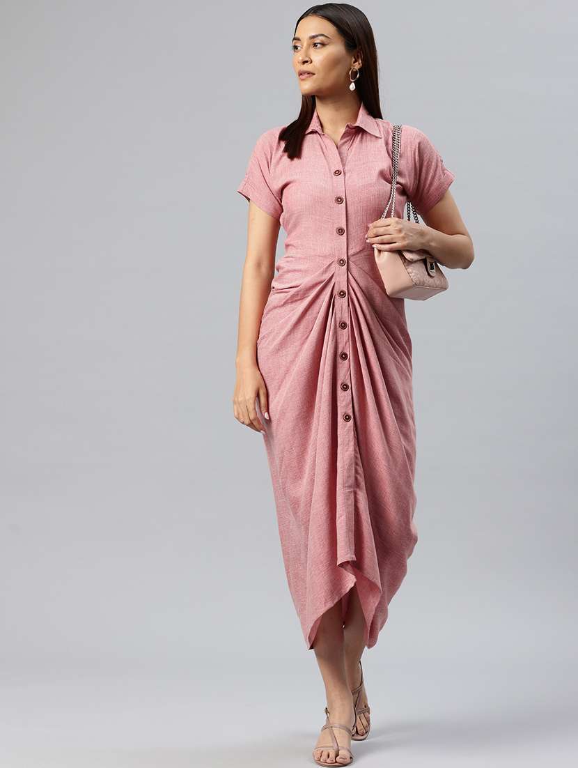 women pink asymmetric front gathered dress