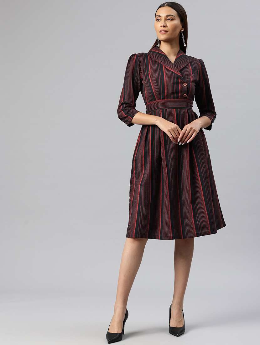 women striped overlap neck button down dress