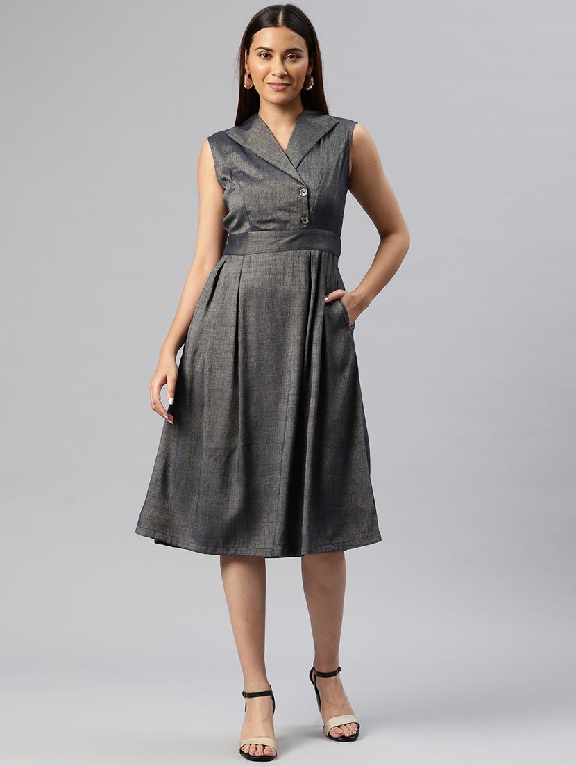 women solid overlap neck a-line dress - 21313886 -  Zoom Image - 0