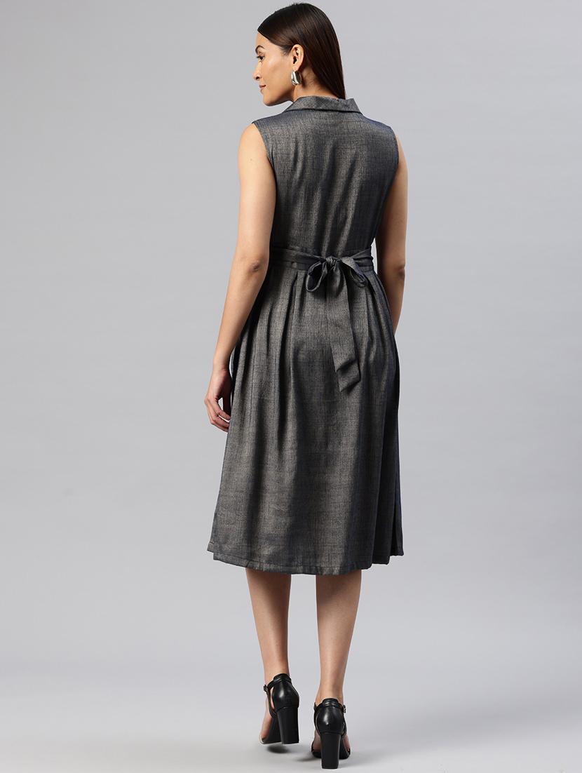 women solid overlap neck a-line dress - 21313886 - Standard Image - 2