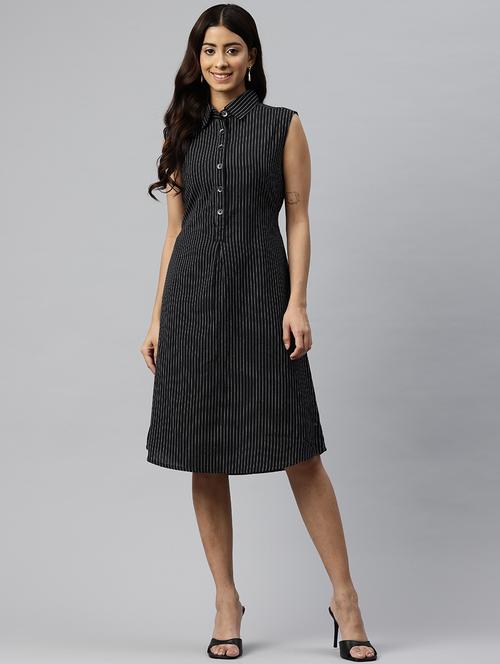 women striped collared sleeveless a-line dress - 21313890 - Standard Image - 0