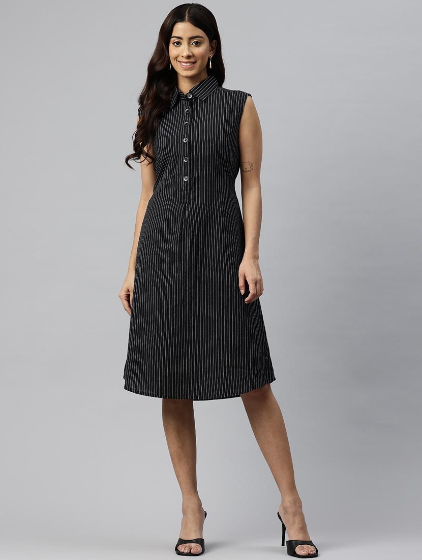 women striped collared sleeveless a-line dress - 21313890 - Zoom Image - 0