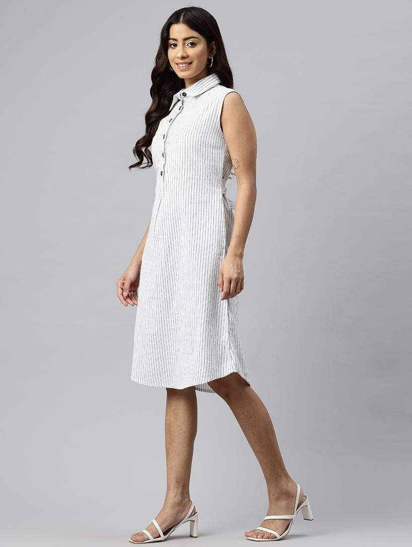 women striped collared sleeveless a-line dress - 21313891 - Standard Image - 2