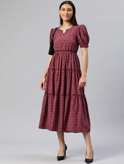 women printed puff sleeves tiered dress - 21313898 - Standard Image - 0