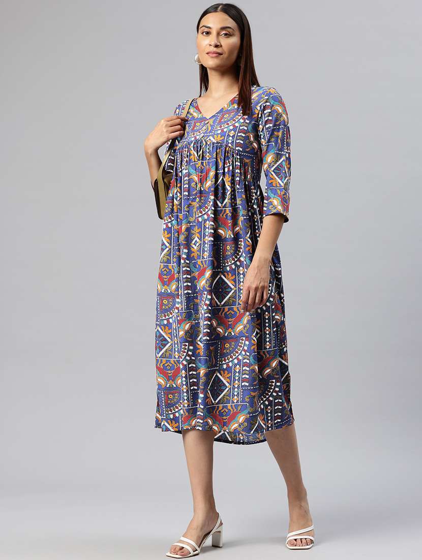 women printed v-neck a-line dress