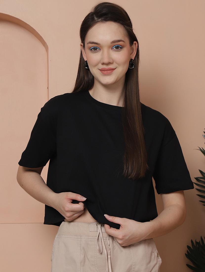 women solid crop oversized t-shirt - 21315086 - Zoom Image - 0