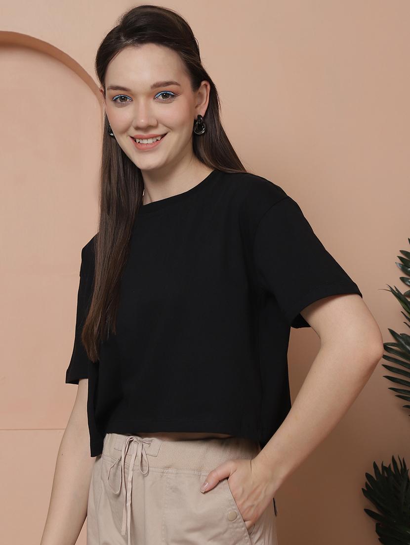 women solid crop oversized t-shirt - 21315086 - Standard Image - 2