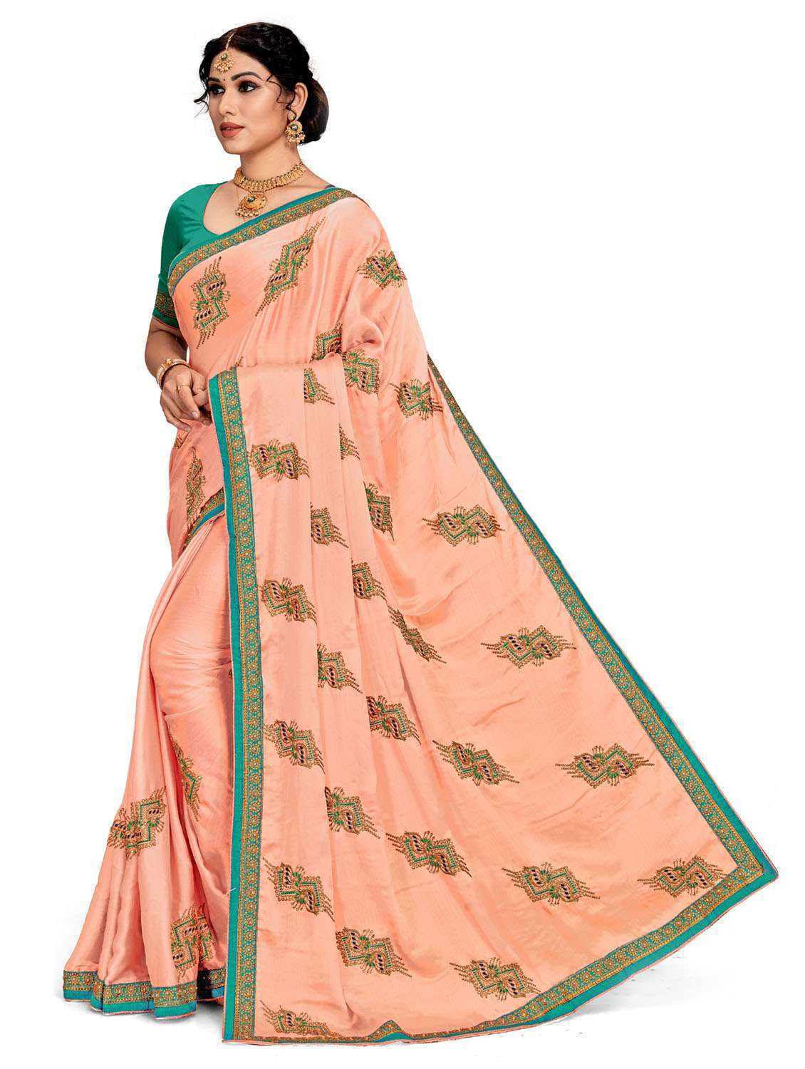 women peach embroidered saree with blouse - 21317315 - Standard Image - 2