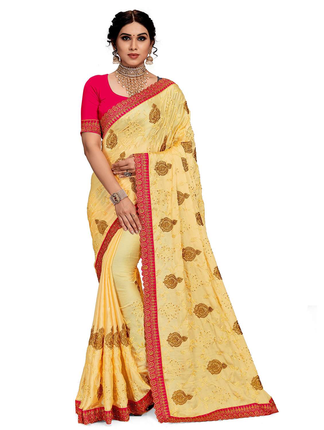 women yellow embroidered saree with blouse