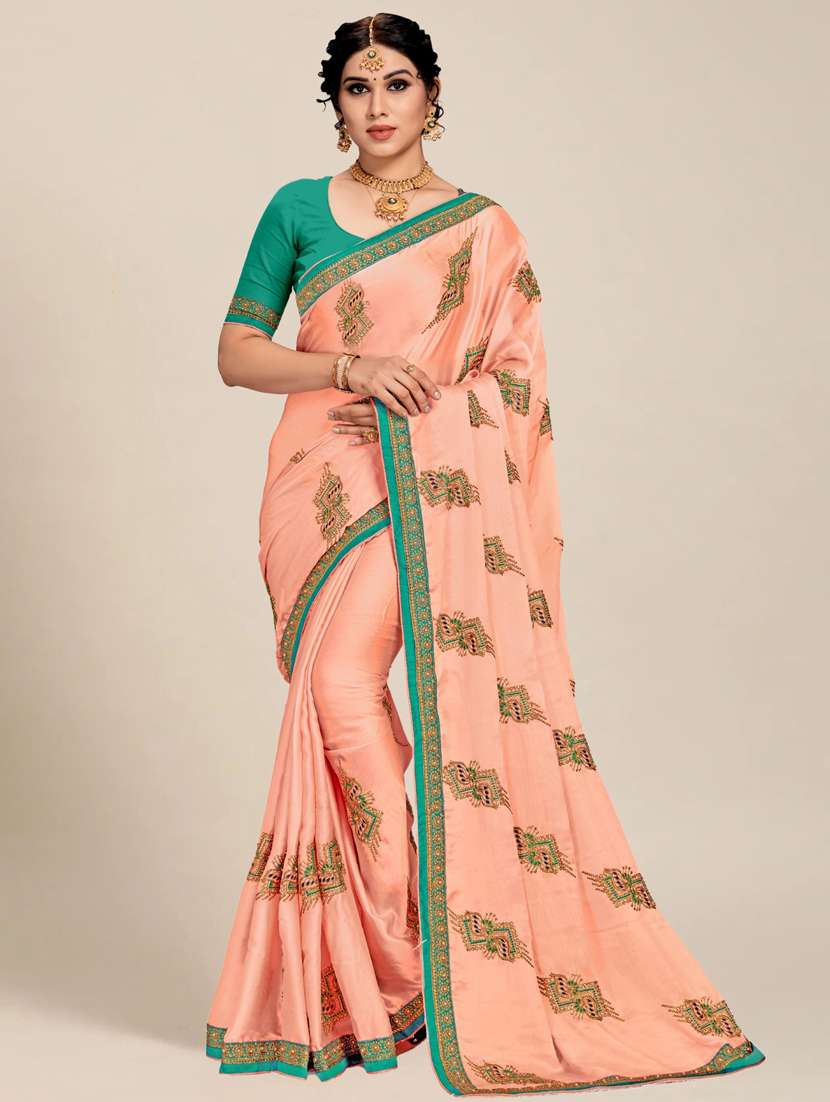 women peach embroidered saree with blouse