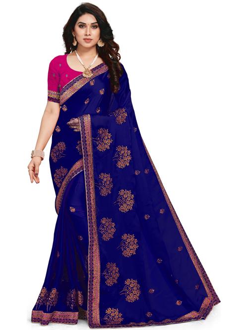 women blue embroidered saree with blouse - 21317703 -  Standard Image - 0