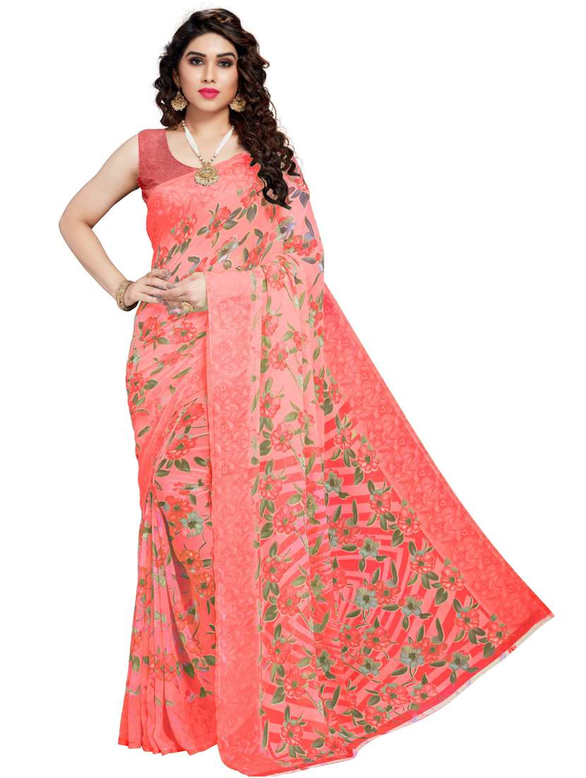 women pink floral printed saree with blouse