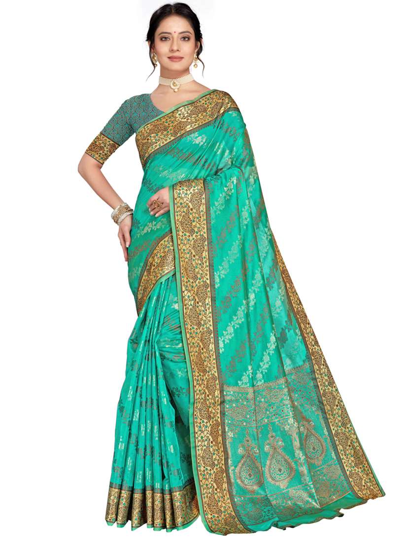 women blue banarasi saree with blouse