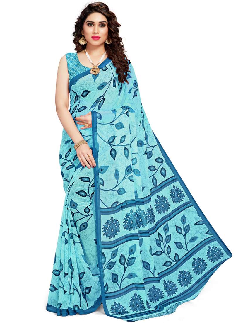 women light blue printed saree with blouse