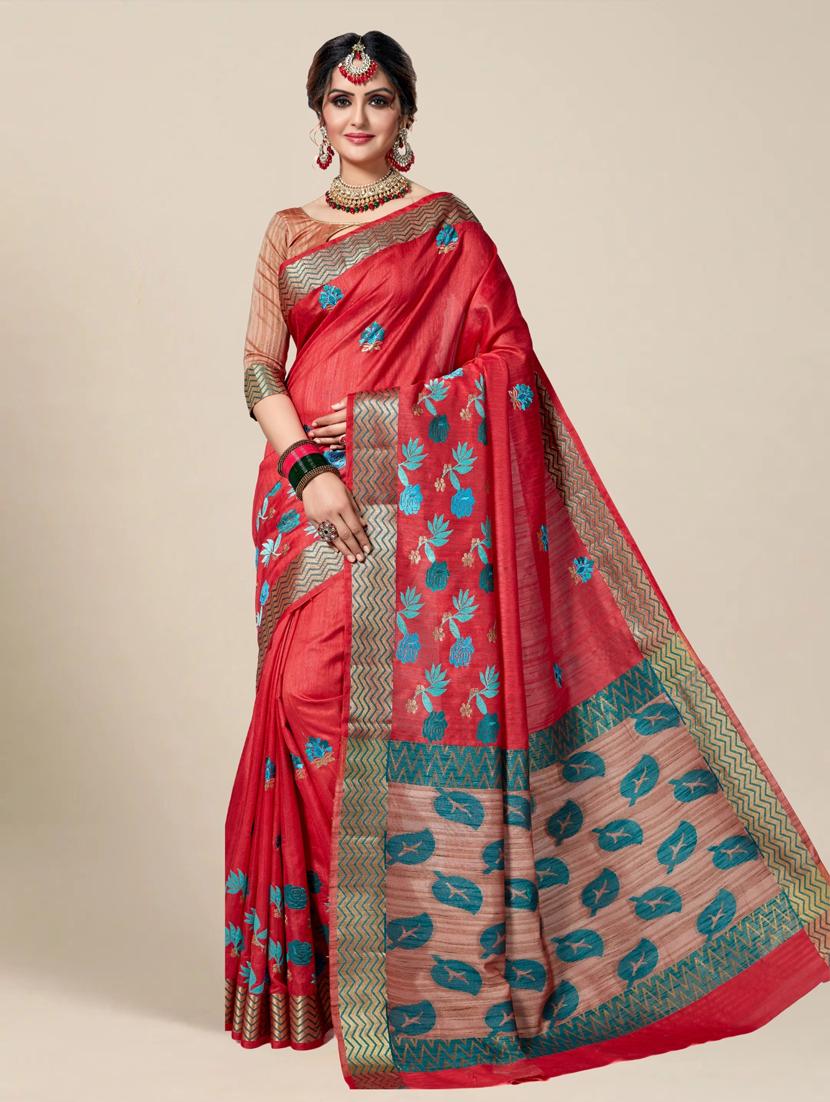 women solid with work embroidered saree with blouse - 21318448 - Zoom Image - 0